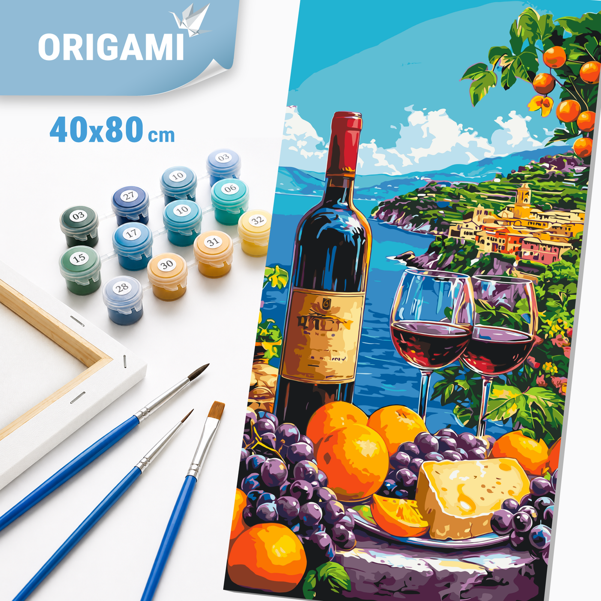 Malen nach Zahlen auf Keilrahmen 40×80 cm – Landschaft/Stillleben mit Wein und Obst an der Küste LW 5143