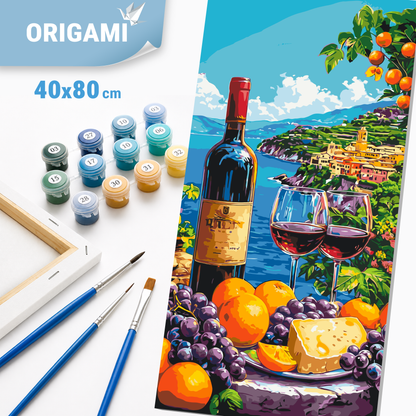 Malen nach Zahlen auf Keilrahmen 40×80 cm – Landschaft/Stillleben mit Wein und Obst an der Küste LW 5143