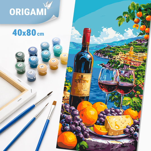 Malen nach Zahlen auf Keilrahmen 40×80 cm – Landschaft/Stillleben mit Wein und Obst an der Küste LW 5143