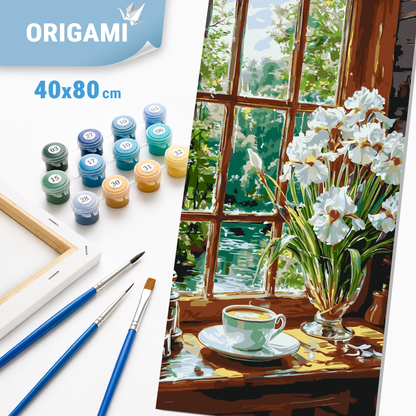 Malen nach Zahlen auf Keilrahmen 40×80 cm – Stillleben/Blumen. Kaffeeharmonie LW 5155