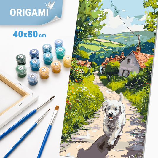 Malen nach Zahlen auf Keilrahmen 40×80 cm – Glücklicher Welpe – Tiere/Landschaft – LW 5165