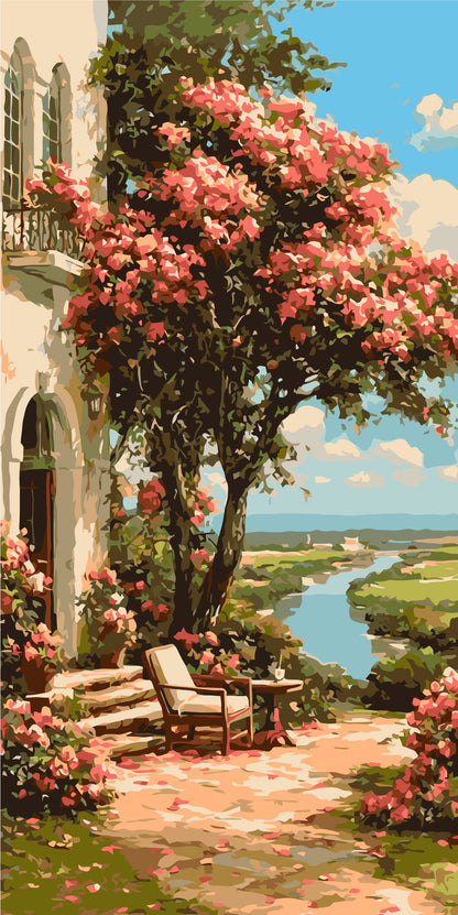 Malen nach Zahlen auf Keilrahmen 40×80 cm – Landschaft. Garten am Fluss LW 5168