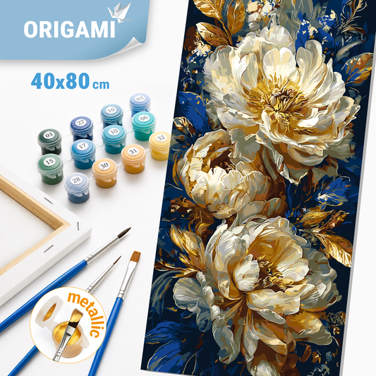 Malen nach Zahlen auf Keilrahmen 40×80 cm – Blumen mit Metallicfarben. Luxuriöse Pfingstrosen LW 5181