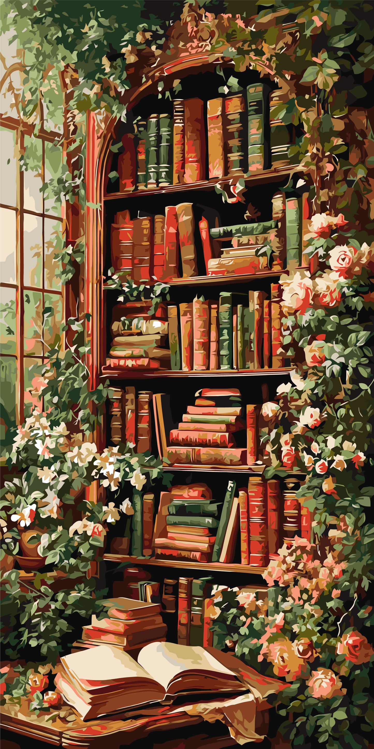 Malen nach Zahlen auf Keilrahmen 40×80 cm – Blumen. Bibliothek unter Efeu LW 5182