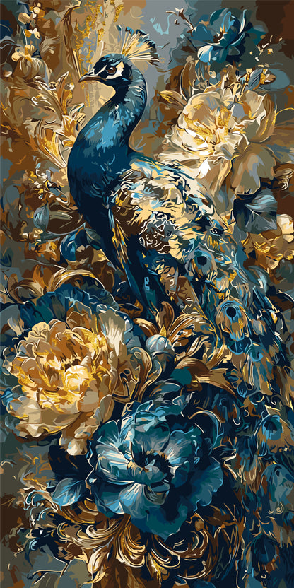 Malen nach Zahlen auf Keilrahmen 40×80 cm – Pfau in Blumen mit Metallicfarben LW 5183