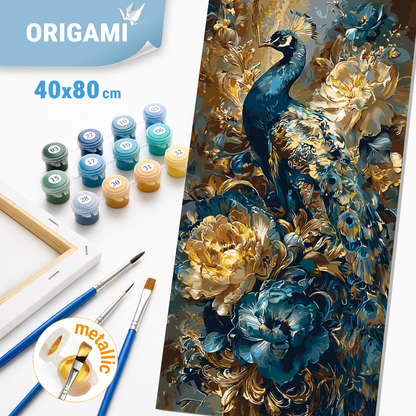 Paint by Numbers on a 40*80 cm frame - Peacock in Flowers with Metallic Paints LW 5183