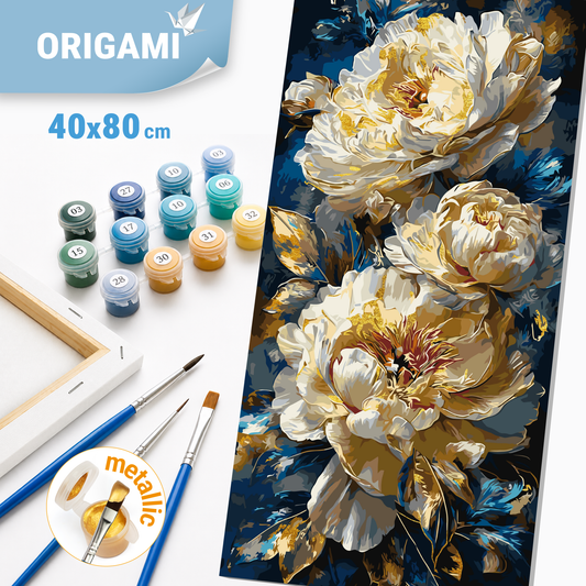 Malen nach Zahlen auf Keilrahmen 40×80 cm – Blumen mit Metallicfarben. Königliche Pfingstrosen LW 5185