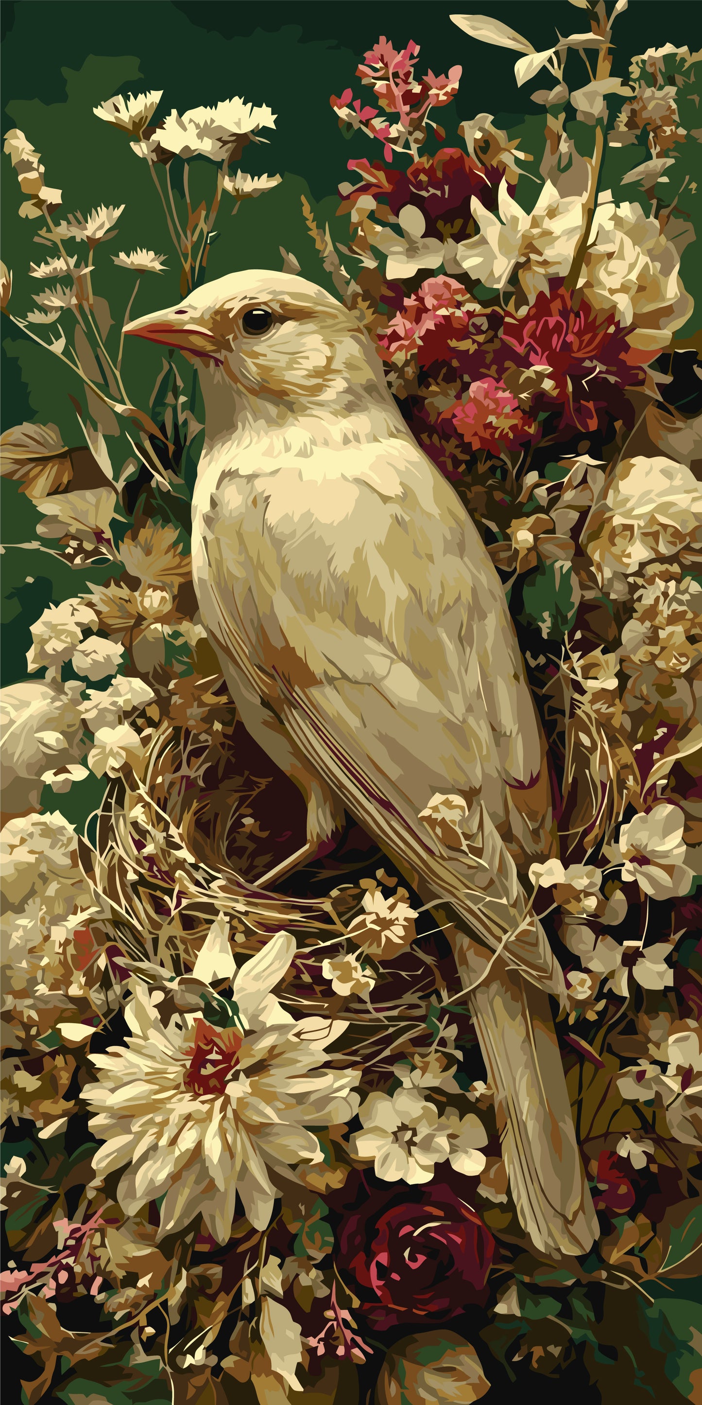 Malen nach Zahlen auf Keilrahmen 40×80 cm – Tiere. Vogel zwischen Blütenblättern LW 5189