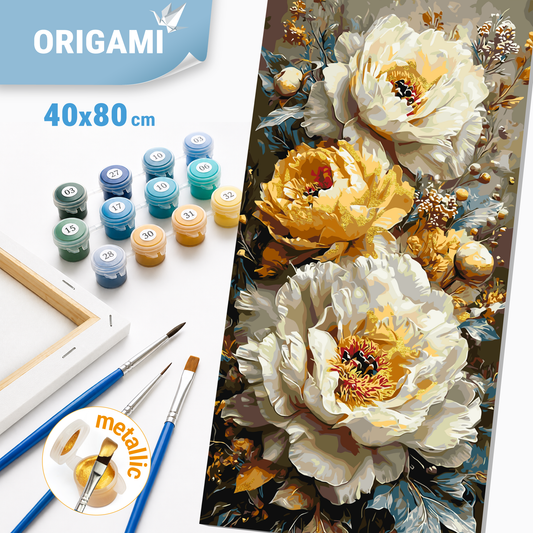 Malen nach Zahlen auf Keilrahmen 40×80 cm – Blumen mit Metallicfarben. Reich der Blumen LW 5192