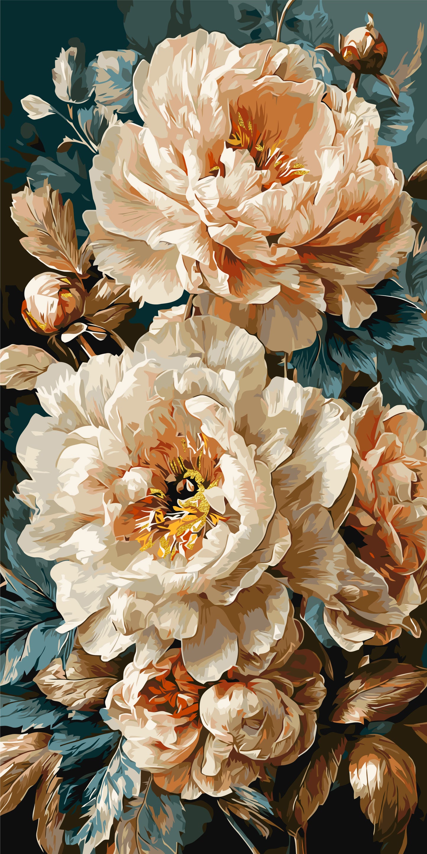 Malen nach Zahlen auf Keilrahmen 40×80 cm – Blumen mit Metallicfarben. Perlmutt-Pfingstrosen LW 5193