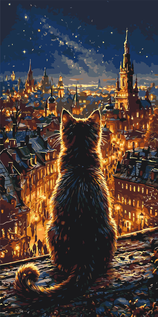 Malen nach Zahlen auf Keilrahmen 40×80 cm – Landschaft. Katze über den Lichtern der Metropole LW 5199