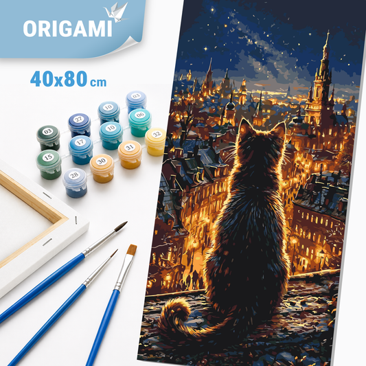 Malen nach Zahlen auf Keilrahmen 40×80 cm – Landschaft. Katze über den Lichtern der Metropole LW 5199