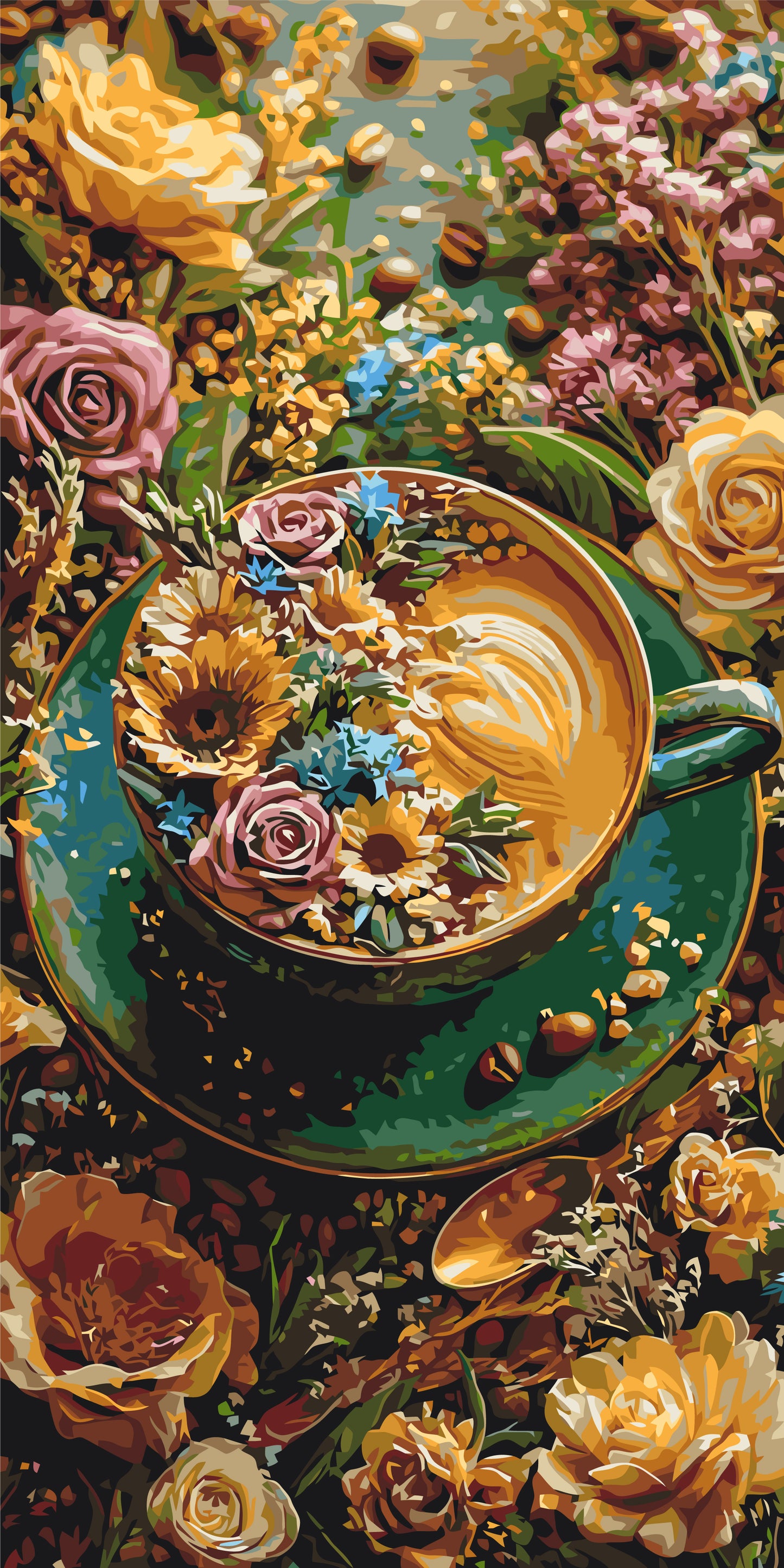 Malen nach Zahlen auf Keilrahmen 40×80 cm – Blumen. Blumen und Kaffee LW 5203