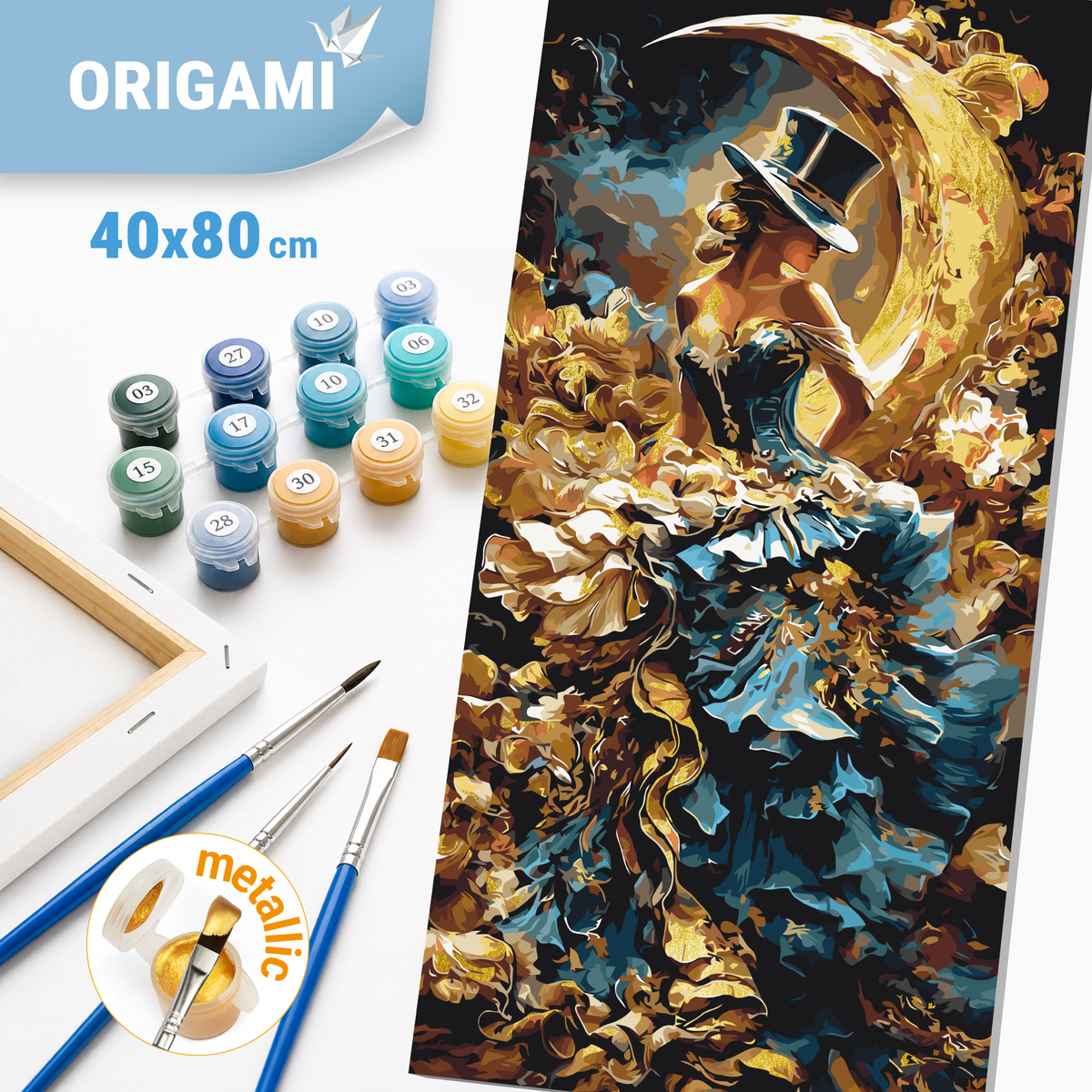 Malen nach Zahlen auf Keilrahmen 40×80 cm – Menschen/Blumen mit Metallicfarben. Elegantes Mädchen LW 5206