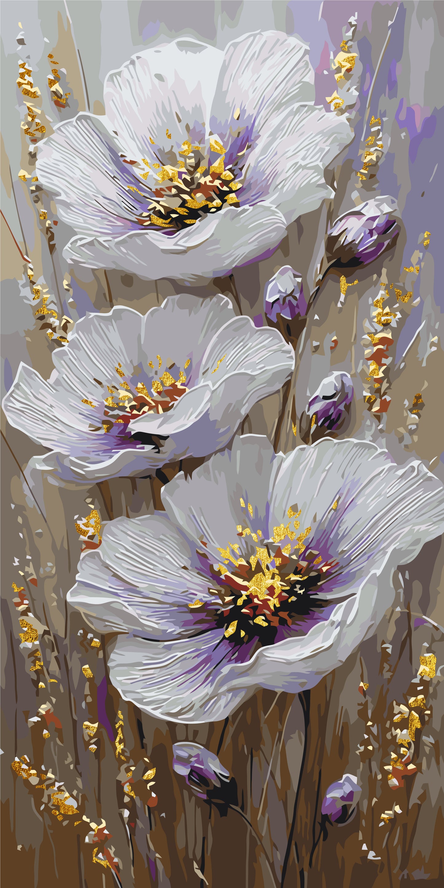 Malen nach Zahlen auf Keilrahmen 40×80 cm – Blumen mit Metallicfarben. Zarte Blumen LW 5207