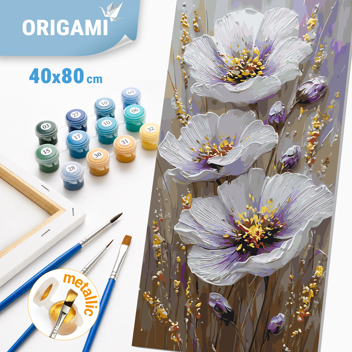Malen nach Zahlen auf Keilrahmen 40×80 cm – Blumen mit Metallicfarben. Zarte Blumen LW 5207