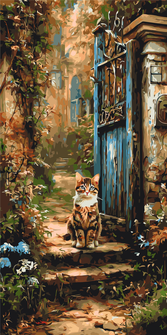Malen nach Zahlen auf Keilrahmen 40×80 cm – Tiere. Katze am alten Tor LW 5210