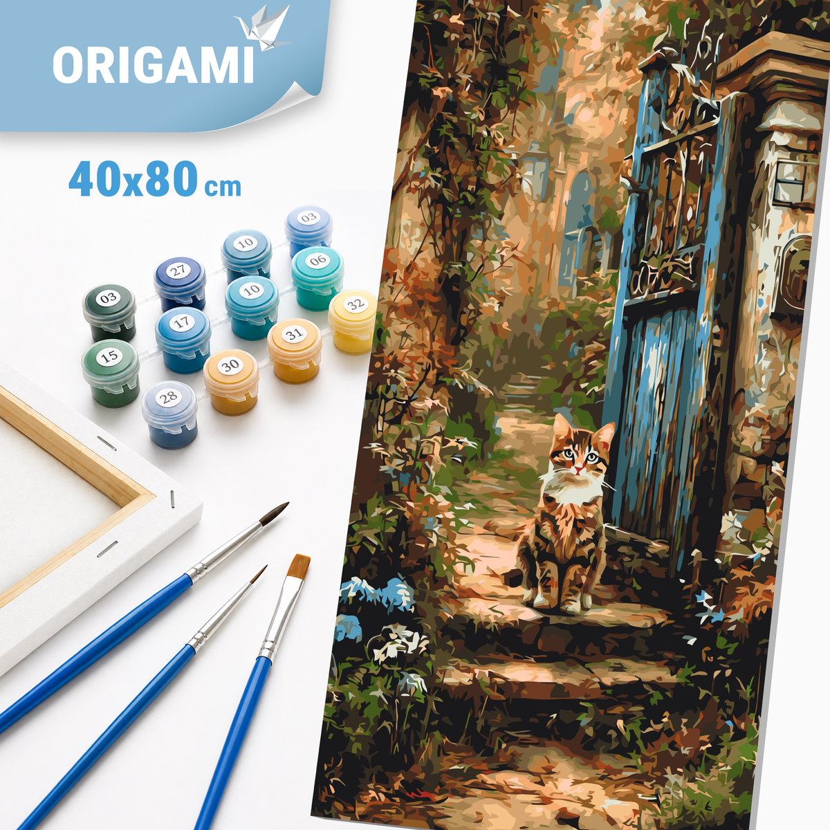Malen nach Zahlen auf Keilrahmen 40×80 cm – Tiere. Katze am alten Tor LW 5210