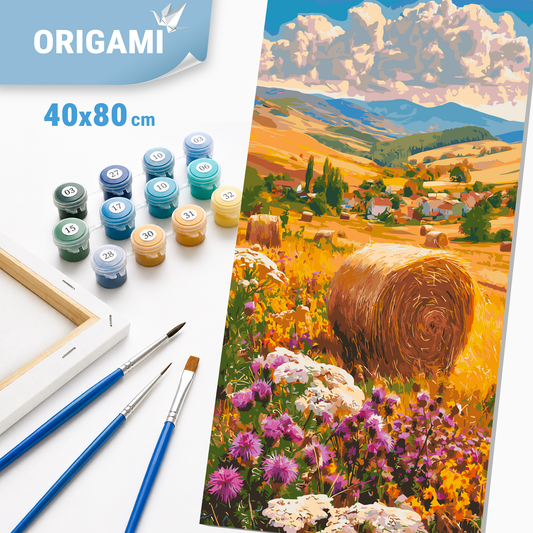 Malen nach Zahlen auf Keilrahmen 40×80 cm – Blumen inmitten der Ernte – Landschaft/Blumen mit Metallicfarben – LW 5211