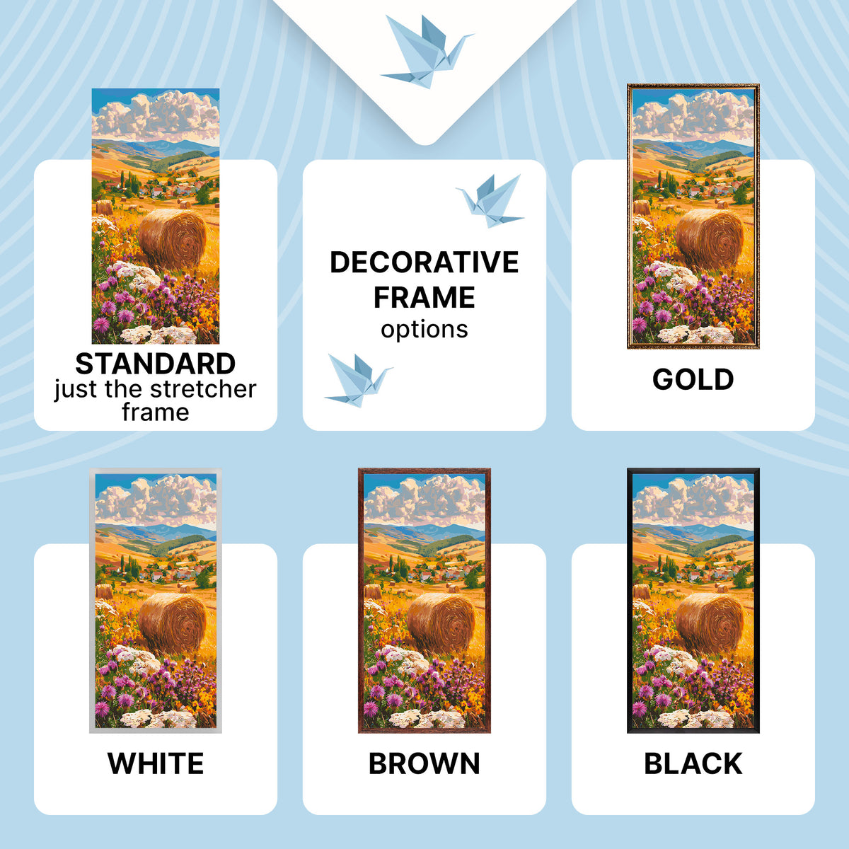 Malen nach Zahlen auf Keilrahmen 40×80 cm – Blumen inmitten der Ernte mit Metallicfarben – Landschaft/Blumen – LW 5211