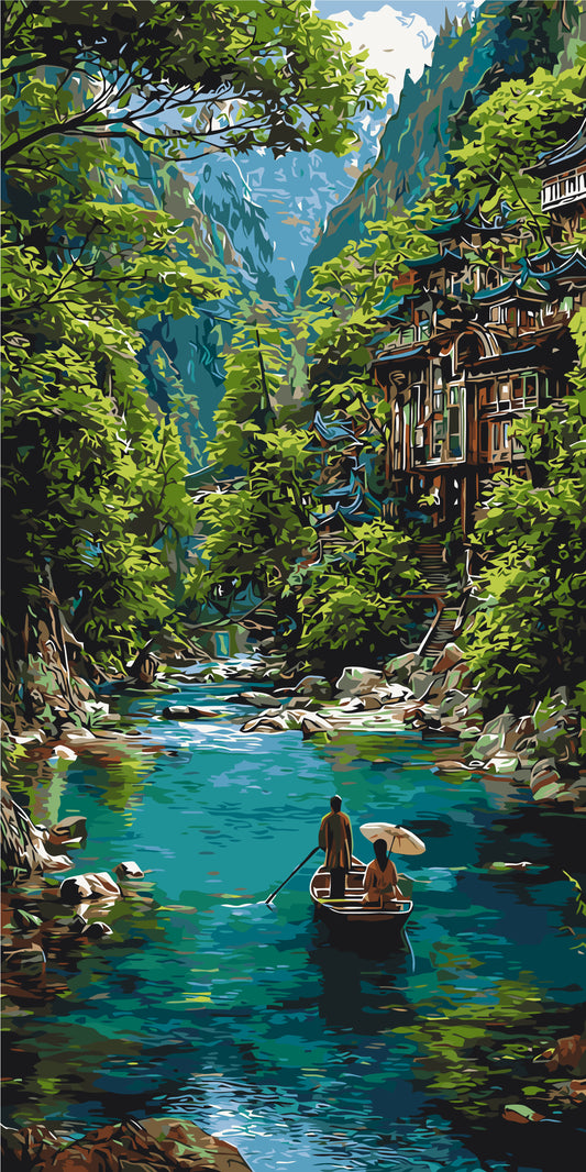 Malen nach Zahlen auf Keilrahmen 40×80 cm – Landschaft. Boot in der Smaragdschlucht LW 5212