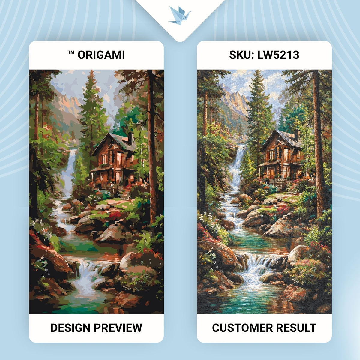 Malen nach Zahlen auf Keilrahmen 40×80 cm – Häuschen am Wasserfall – Landschaft – LW 5213