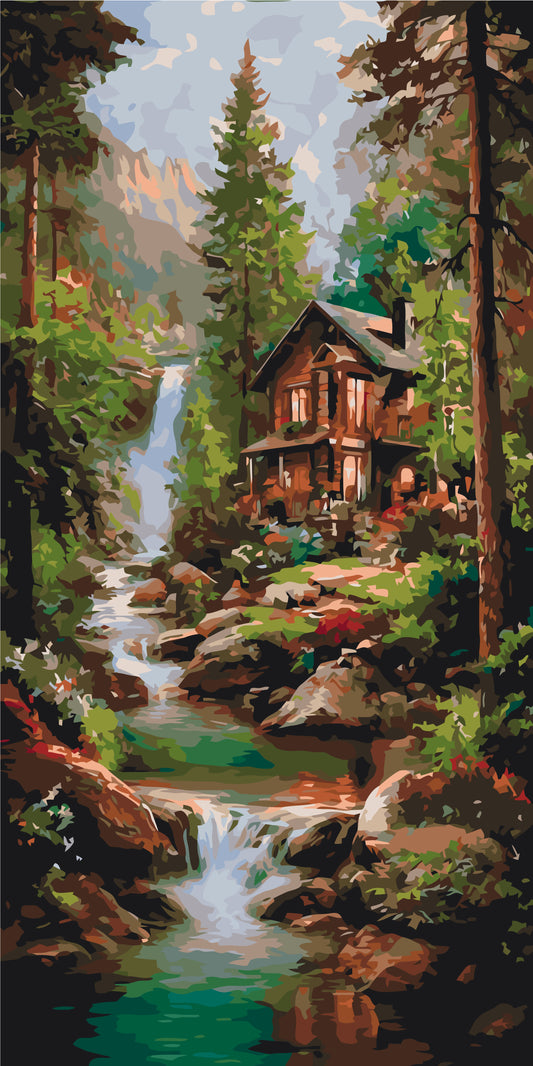 Malen nach Zahlen auf Keilrahmen 40×80 cm – Häuschen am Wasserfall – Landschaft – LW 5213
