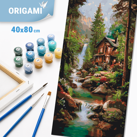 Malen nach Zahlen auf Keilrahmen 40×80 cm – Häuschen am Wasserfall – Landschaft – LW 5213