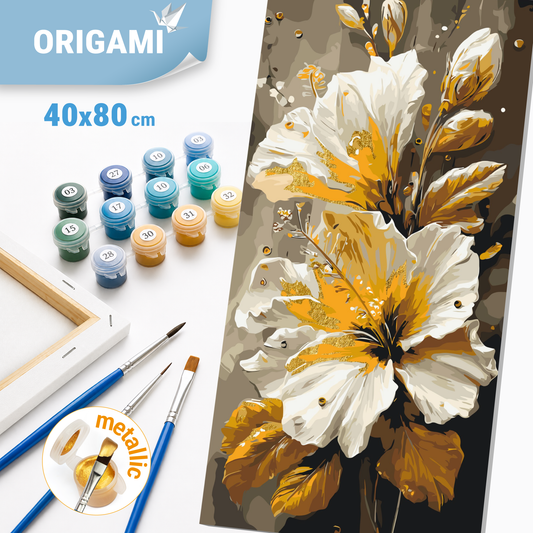 Malen nach Zahlen auf Keilrahmen 40×80 cm – Blumen mit Metallicfarben. Luxuriöse Schwertlilien LW 5216