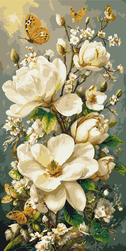Malen nach Zahlen auf Keilrahmen 40×80 cm – Blumen mit Metallicfarben. Magnolien und Schmetterlinge LW 5218