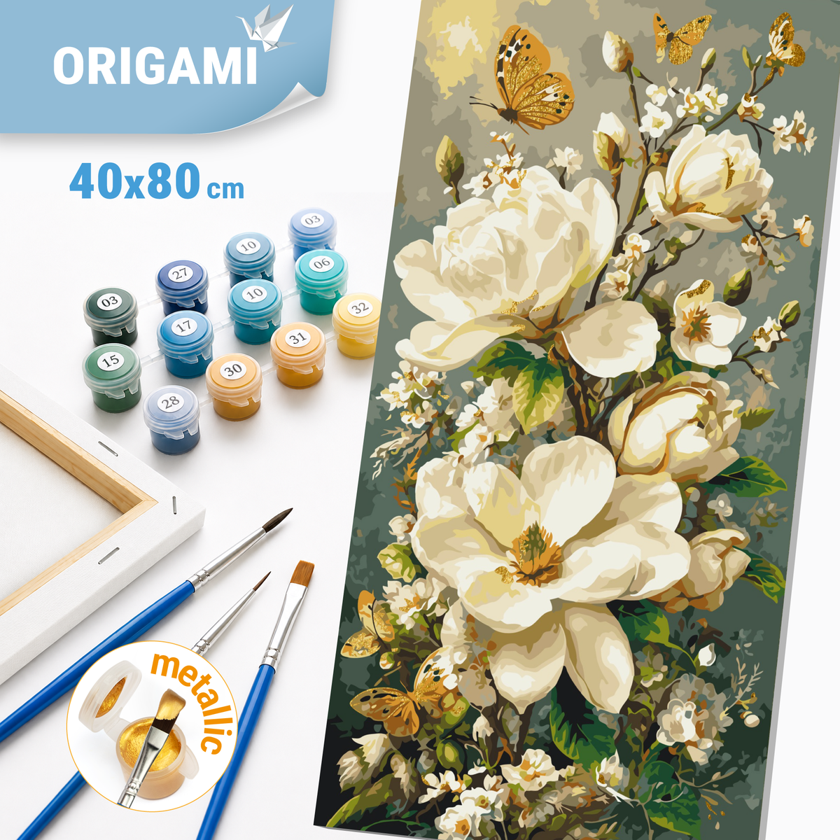 Malen nach Zahlen auf Keilrahmen 40×80 cm – Blumen mit Metallicfarben. Magnolien und Schmetterlinge LW 5218