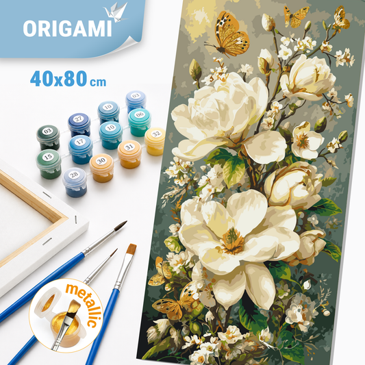 Malen nach Zahlen auf Keilrahmen 40×80 cm – Blumen mit Metallicfarben. Magnolien und Schmetterlinge LW 5218