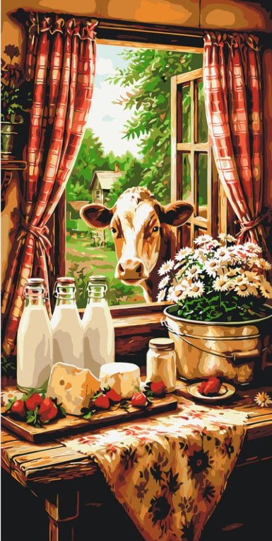 Malen nach Zahlen auf Keilrahmen 40×80 cm – Tiere. Ländliche Idylle mit Kuh LW 5219