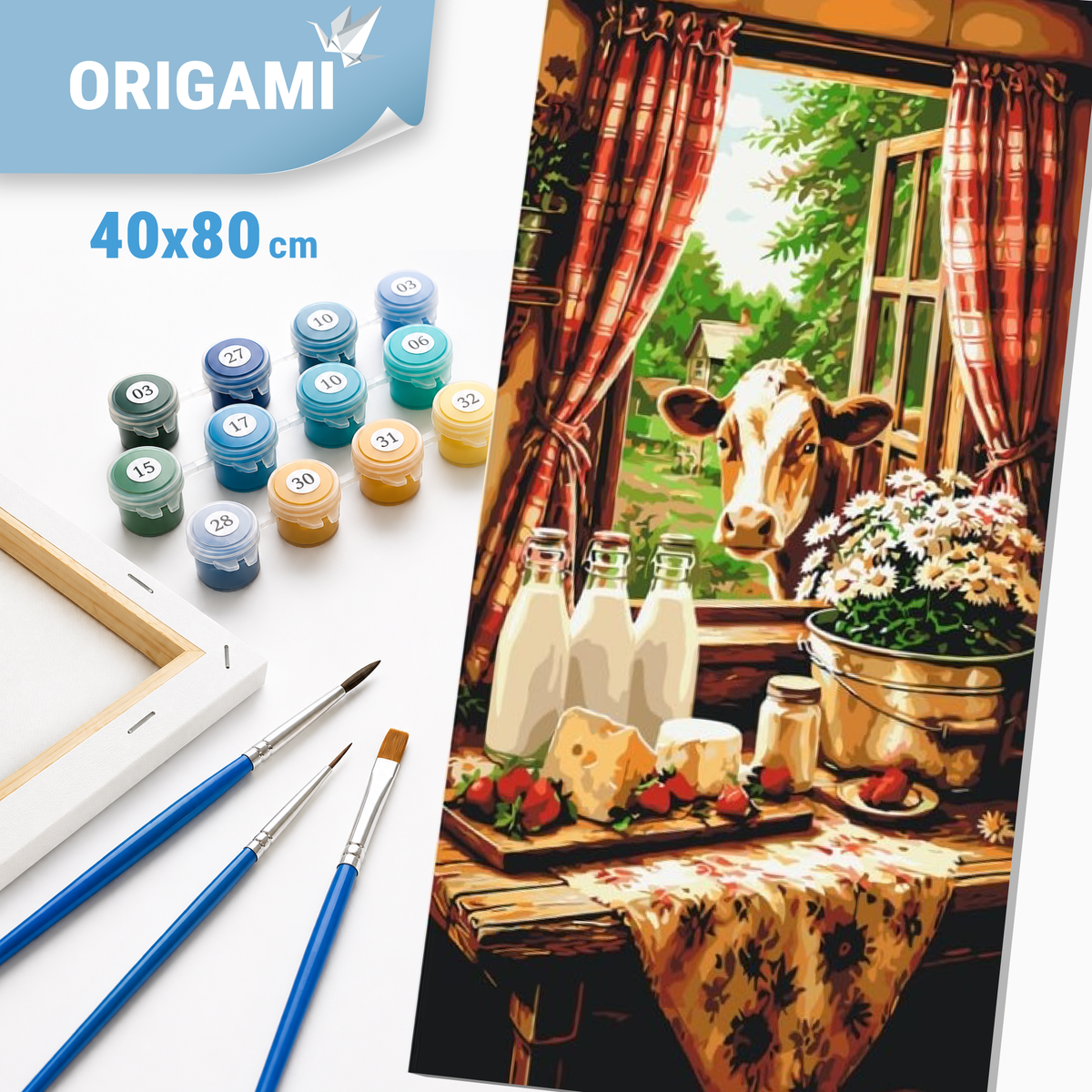 Malen nach Zahlen auf Keilrahmen 40×80 cm – Tiere. Ländliche Idylle mit Kuh LW 5219