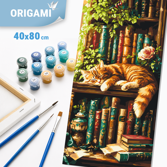 Malen nach Zahlen auf Keilrahmen 40×80 cm – Die Katze des Bibliothekars – Tiere/Landschaft – LW 5221