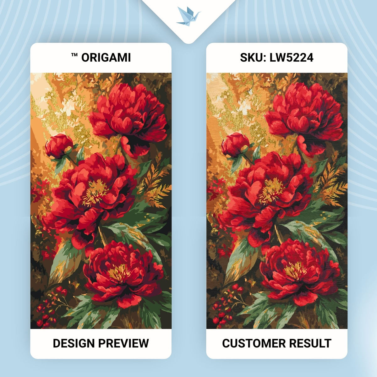 Malen nach Zahlen auf Keilrahmen 40×80 cm – Leuchtende Pfingstrosen mit Metallicfarben – Blumen – LW 5224