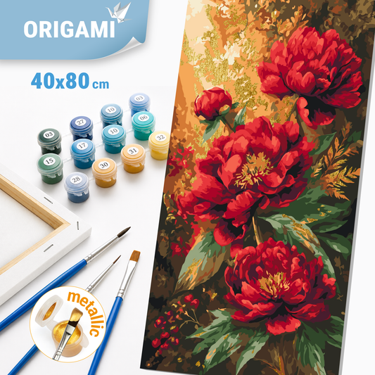 Malen nach Zahlen auf Keilrahmen 40×80 cm – Leuchtende Pfingstrosen – Blumen mit Metallicfarben – LW 5224