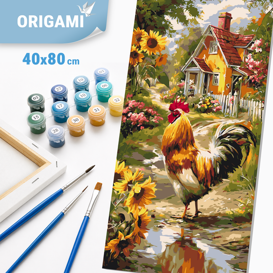 Paint by Numbers on a 40x80 cm frame - Rooster by the Cottage - Animals/Landscape - LW 5228