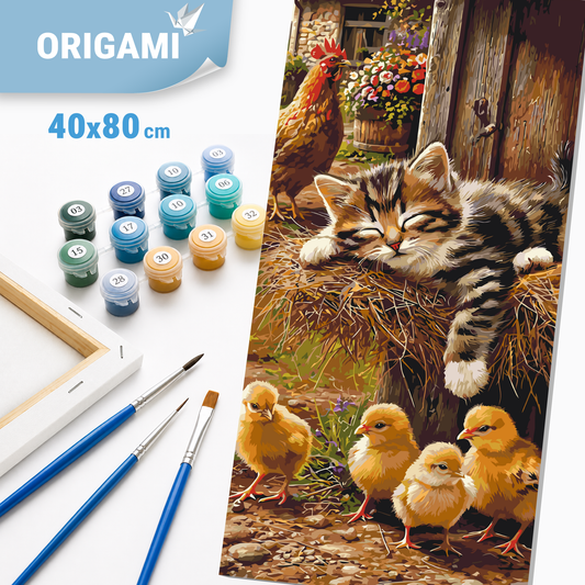 Malen nach Zahlen auf Keilrahmen 40×80 cm – Süßer Traum: Kätzchen, Hahn und Küken – Tiere – LW 5230