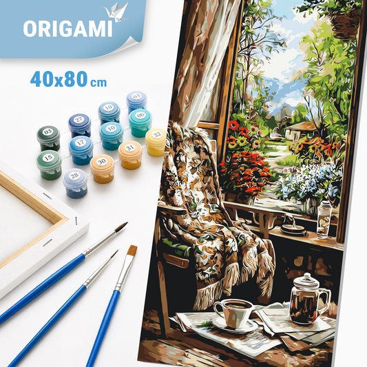 Malen nach Zahlen auf Keilrahmen 40×80 cm – Morgen im Gartenhaus – Landschaft – LW 5238