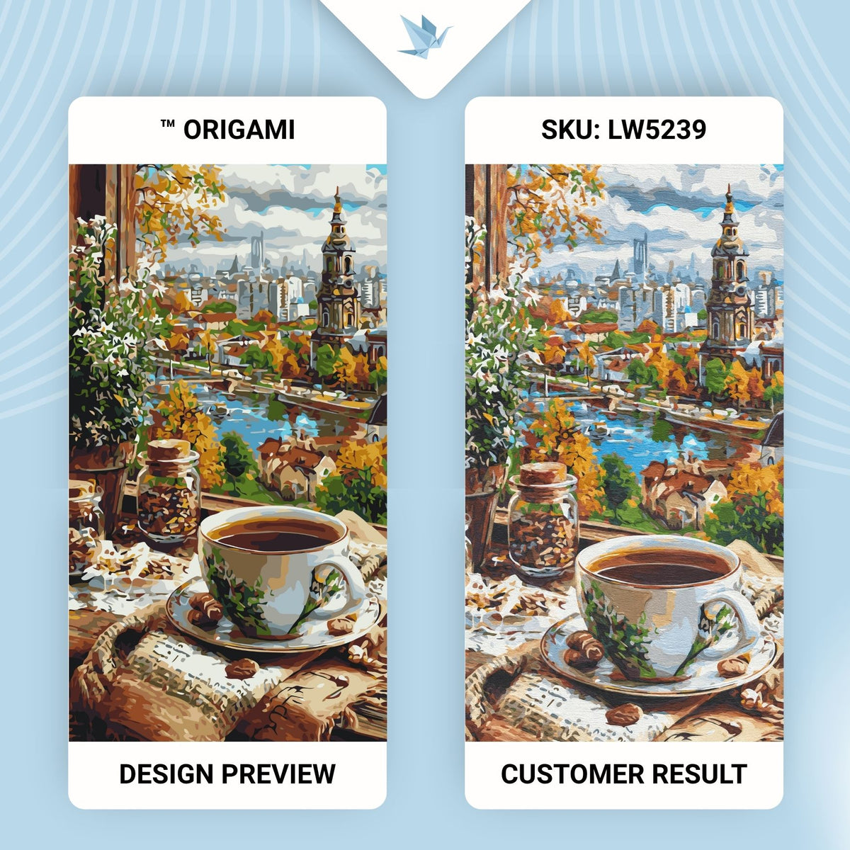 Malen nach Zahlen auf Keilrahmen 40×80 cm – Kaffee mit Blick auf die Altstadt – Landschaft/Stillleben – LW 5239