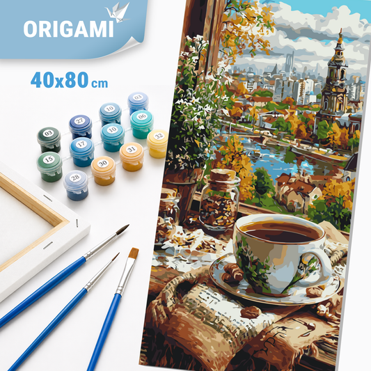 Malen nach Zahlen auf Keilrahmen 40×80 cm – Kaffee mit Blick auf die Altstadt – Landschaft/Stillleben – LW 5239