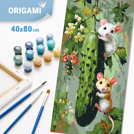 Malen nach Zahlen auf Keilrahmen 40×80 cm – Mäusepaar mit Gurke – Tiere – LW 5244