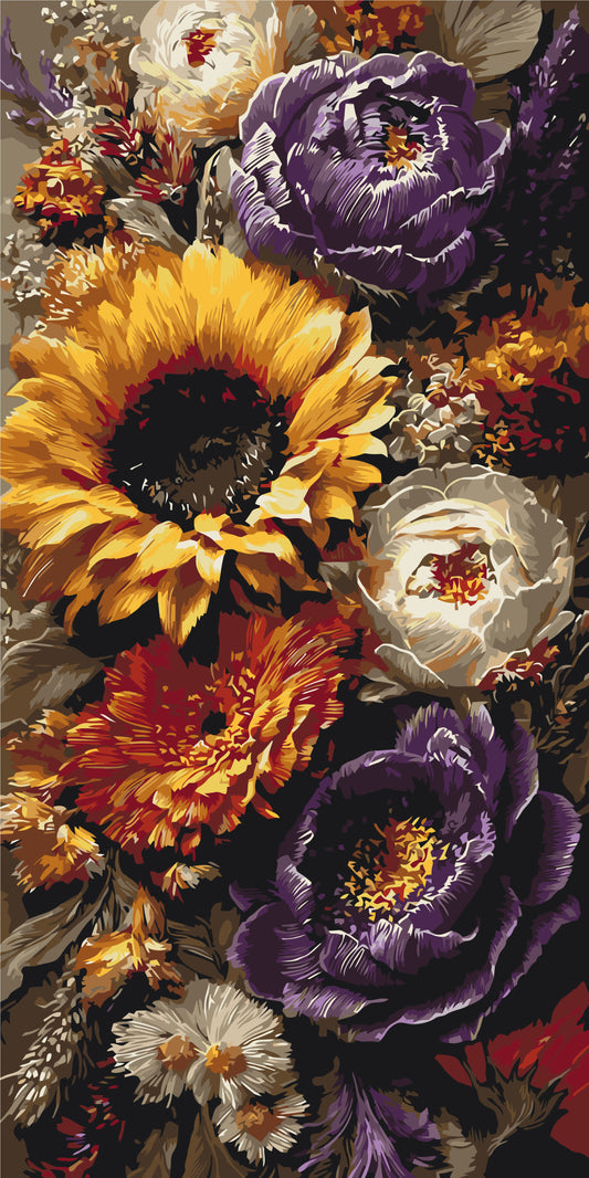 Malen nach Zahlen auf Keilrahmen 40×80 cm – Sonnenblume und Pfingstrosen – Blumen – LW 5254