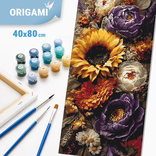 Malen nach Zahlen auf Keilrahmen 40×80 cm – Sonnenblume und Pfingstrosen – Blumen – LW 5254