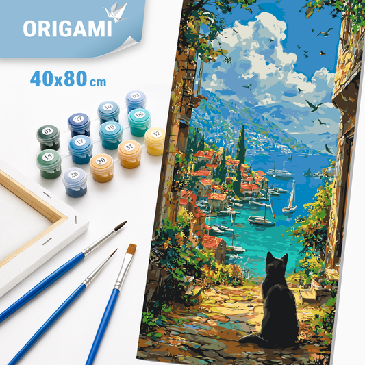 Malen nach Zahlen auf Keilrahmen 40×80 cm – Schwarze Katze über einer Meeresbucht – Landschaft/Tiere – LW 5257