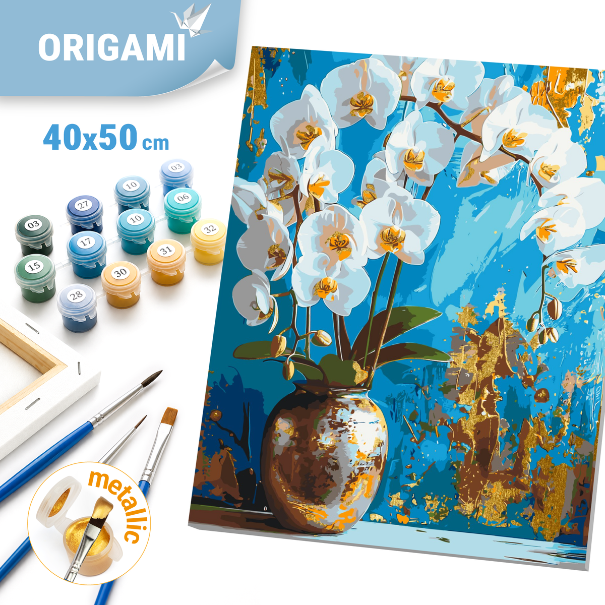 Malen nach Zahlen auf Keilrahmen 40×50 cm – Weiße Orchidee. Blumen mit Metallicfarben LW 8100
