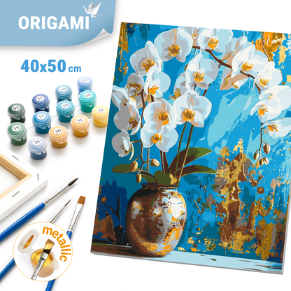 Malen nach Zahlen auf Keilrahmen 40×50 cm – Weiße Orchidee. Blumen mit Metallicfarben LW 8100