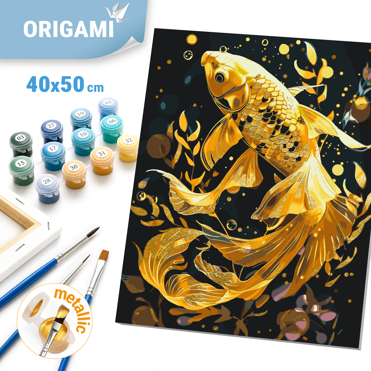 Malen nach Zahlen auf Keilrahmen 40×50 cm – Tiere. Goldfisch mit Metallicfarben LW 9670