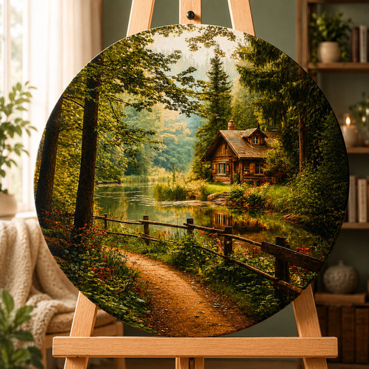 Runde Malen nach Zahlen Ø45 cm – Landschaft. Waldhütte OR 2004